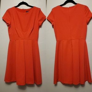 Bright Peach Red Fit and Flare Pleated Day Dress